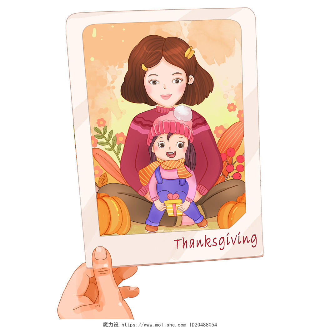 女儿送妈妈礼物感恩节人物元素手拿相框卡通画